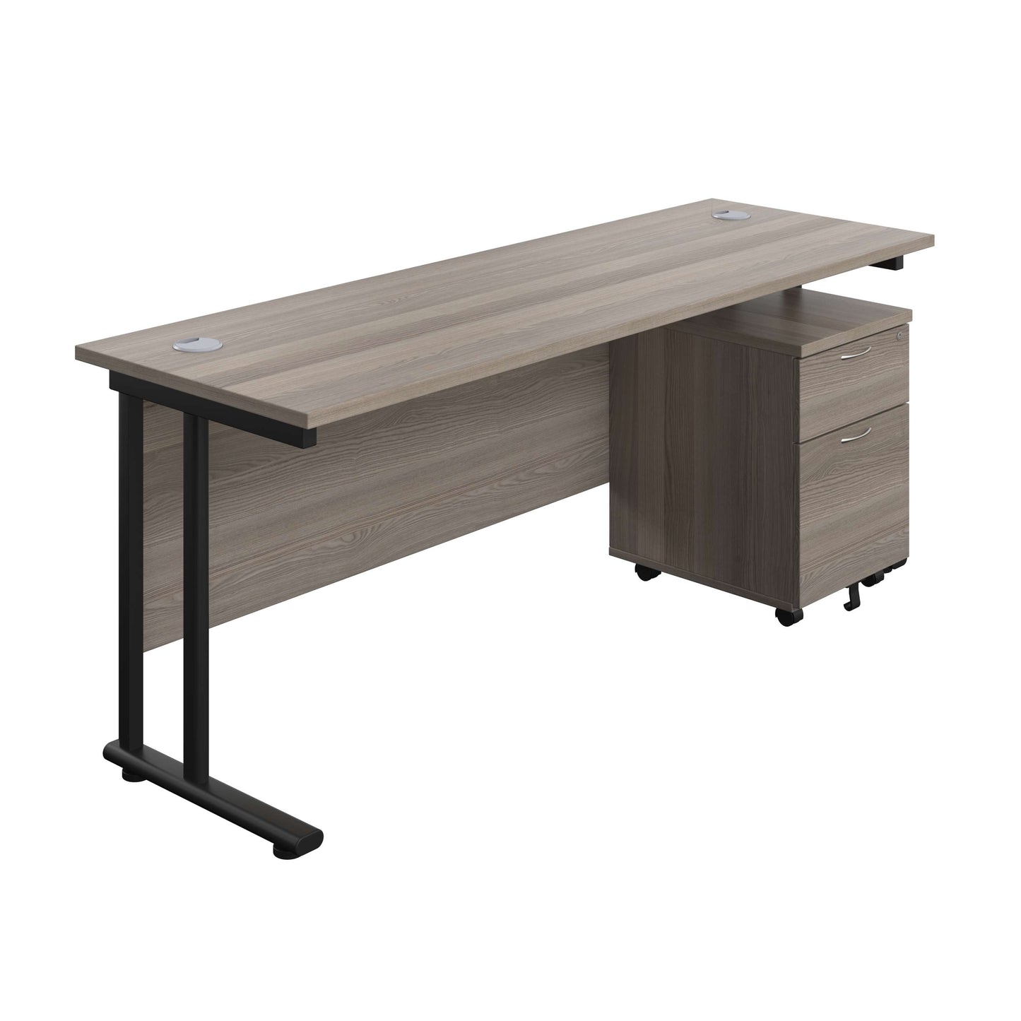 Twin Upright Rectangular Desk + Mobile 2 Drawer Pedestal (FSC) | 1800X600 | Grey Oak/Black