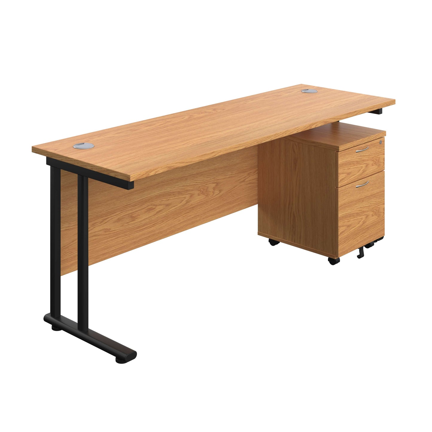 Twin Upright Rectangular Desk + Mobile 2 Drawer Pedestal (FSC) | 1800X600 | Nova Oak/Black