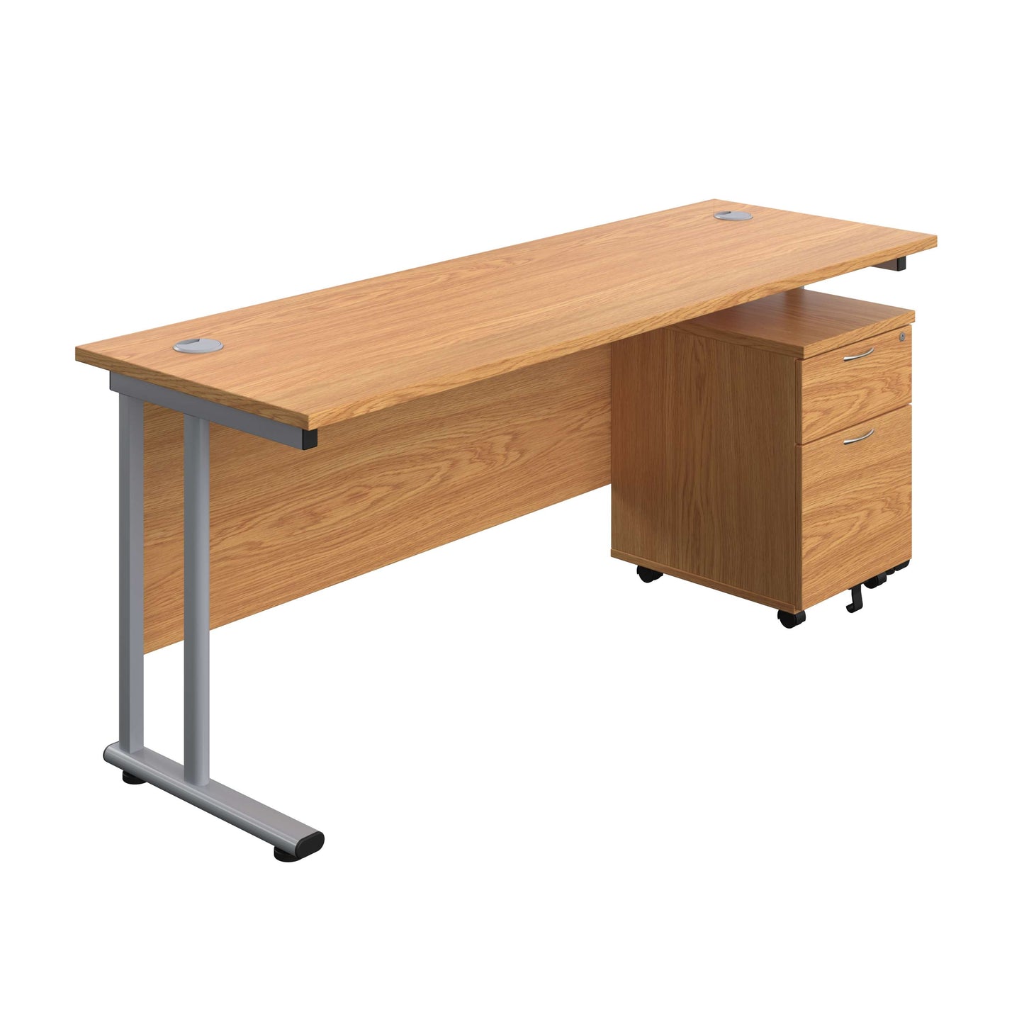 Twin Upright Rectangular Desk + Mobile 2 Drawer Pedestal (FSC) | 1800X600 | Nova Oak/Silver