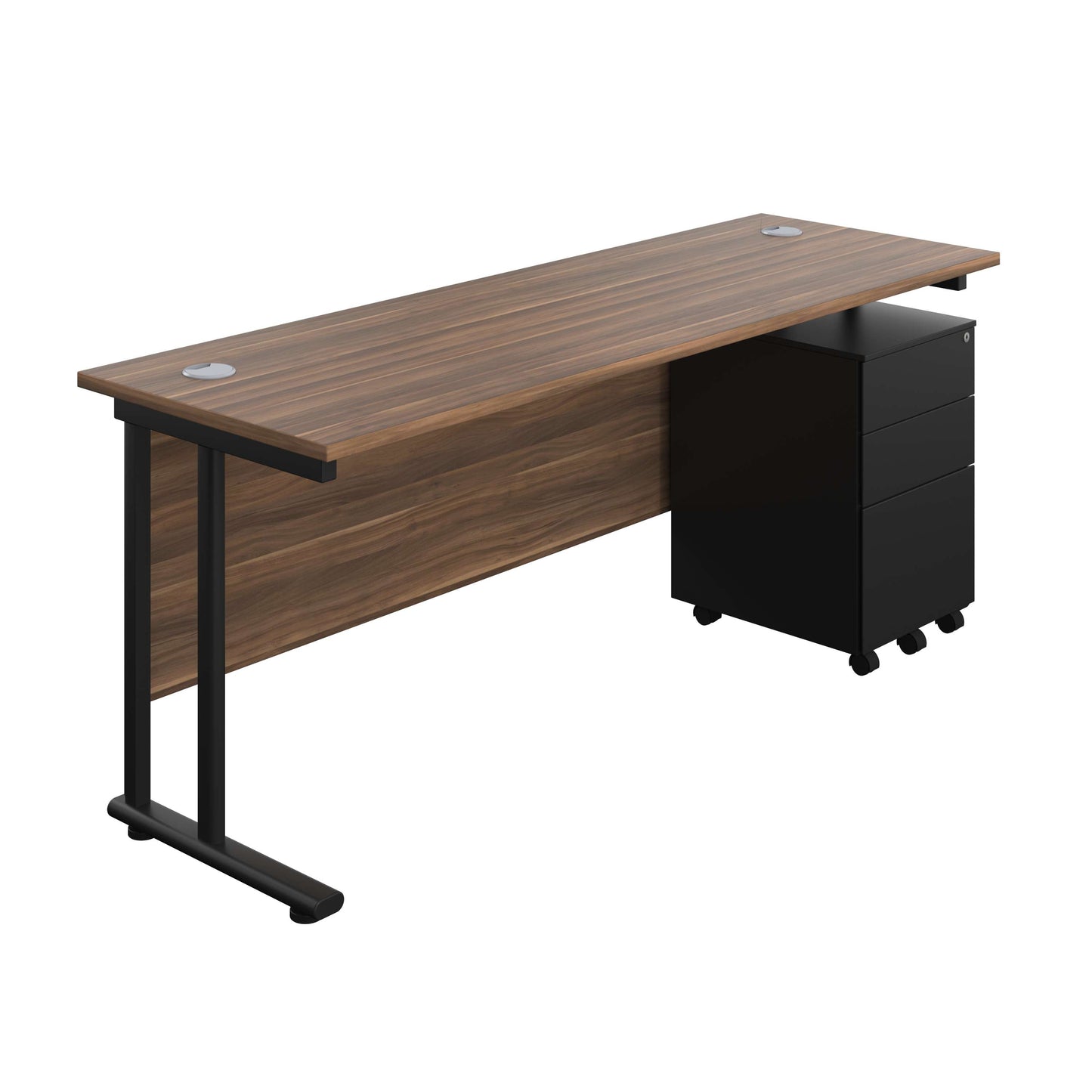 Twin Upright Rectangular Desk + Under Desk Steel Pedestal 3 Drawers (FSC) | 1800X600 | Dark Walnut/Black