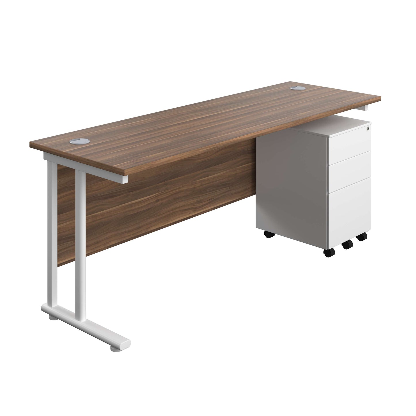Twin Upright Rectangular Desk + Under Desk Steel Pedestal 3 Drawers (FSC) | 1800X600 | Dark Walnut/White