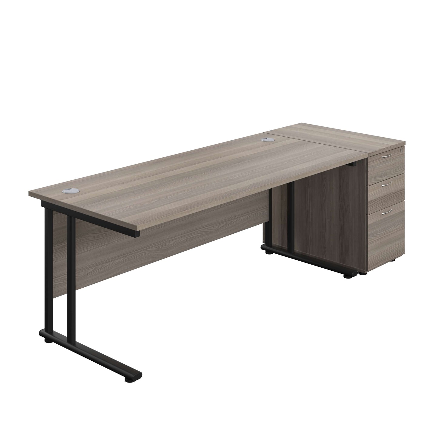Twin Upright Rectangular Desk + Desk High 3 Drawer Pedestal (FSC) | 1800X800 | Grey Oak/Black