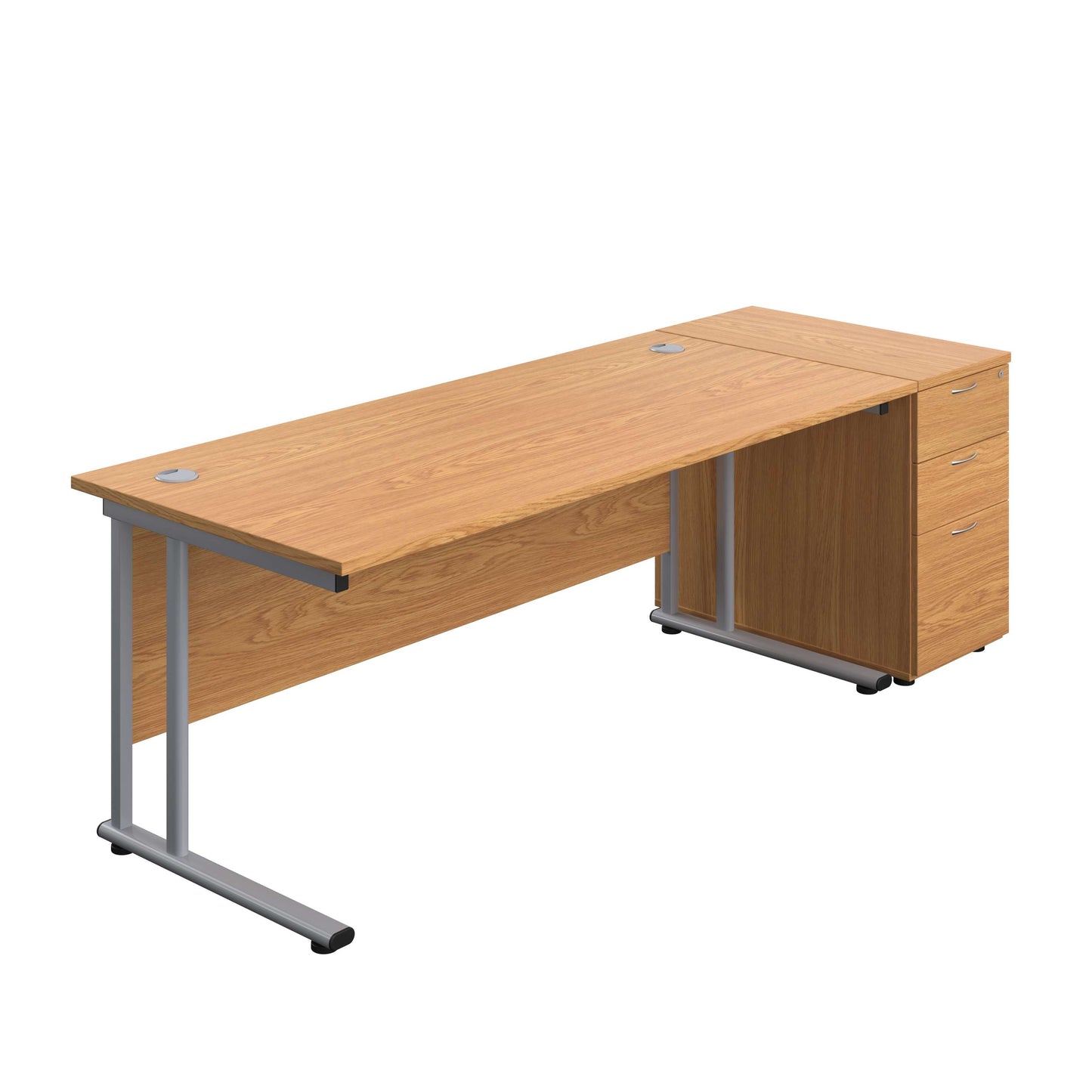 Twin Upright Rectangular Desk + Desk High 3 Drawer Pedestal (FSC) | 1800X800 | Nova Oak/Silver