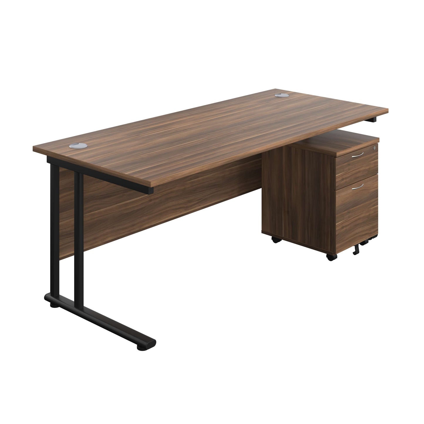 Twin Upright Rectangular Desk + Mobile 2 Drawer Pedestal (FSC) | 1800X800 | Dark Walnut/Black