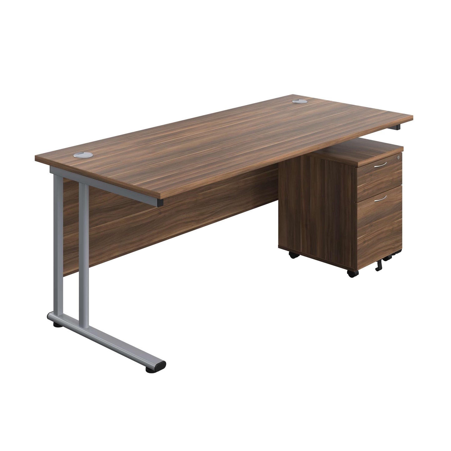 Twin Upright Rectangular Desk + Mobile 2 Drawer Pedestal (FSC) | 1800X800 | Dark Walnut/Silver