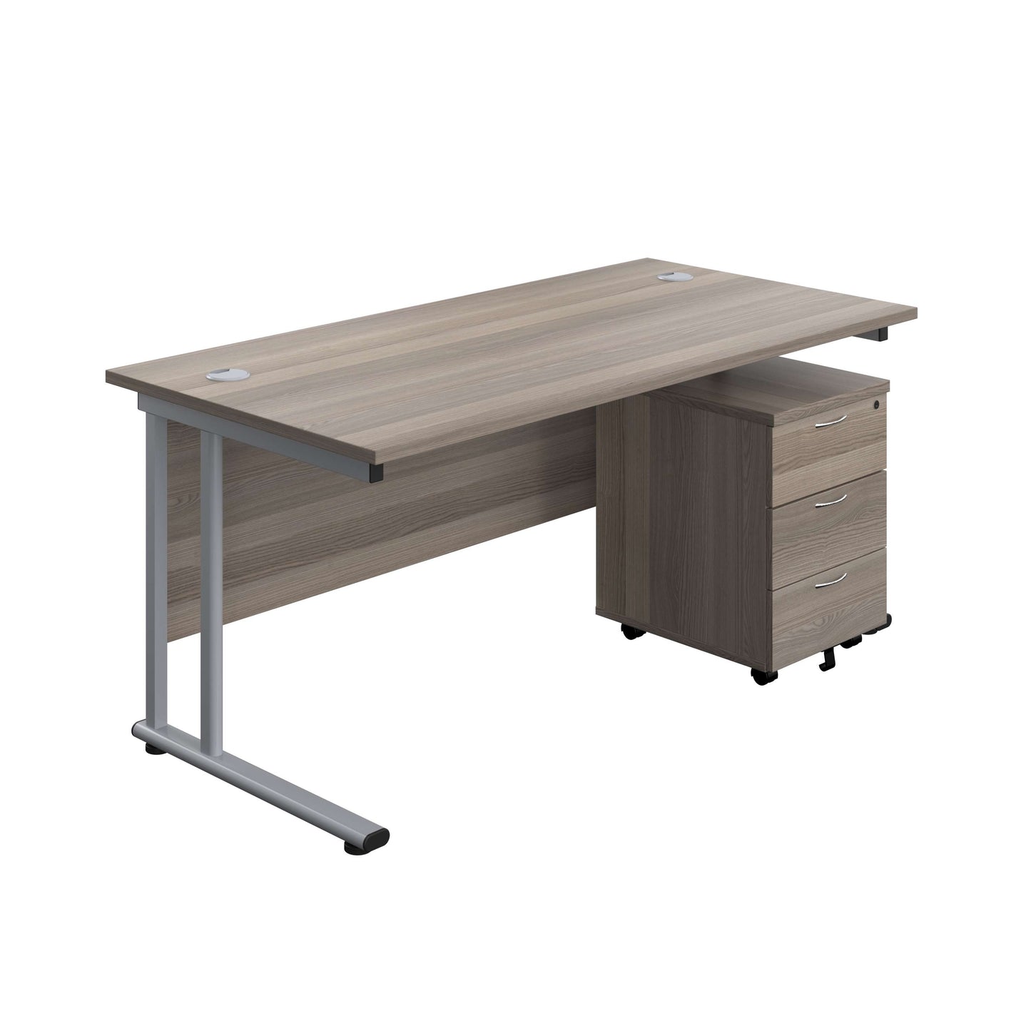 Twin Upright Rectangular Desk + Mobile 3 Drawer Pedestal (FSC) | 1800X800 | Grey Oak/Silver