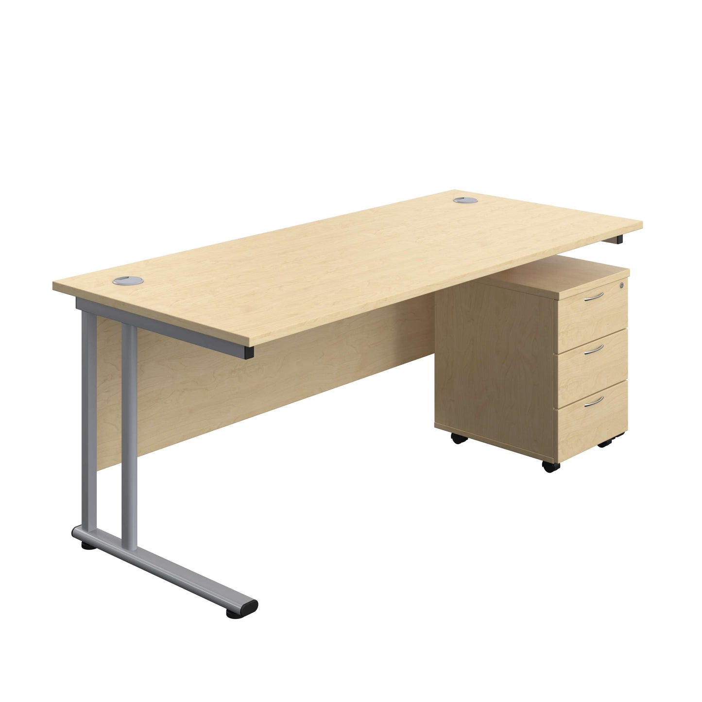 Twin Upright Rectangular Desk + Mobile 3 Drawer Pedestal (FSC) | 1800X800 | Maple/Silver