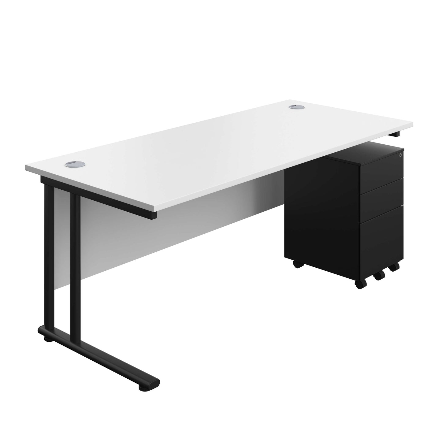 Twin Upright Rectangular Desk + Under Desk Steel Pedestal 3 Drawers (FSC) | 1800X800 | White/Black