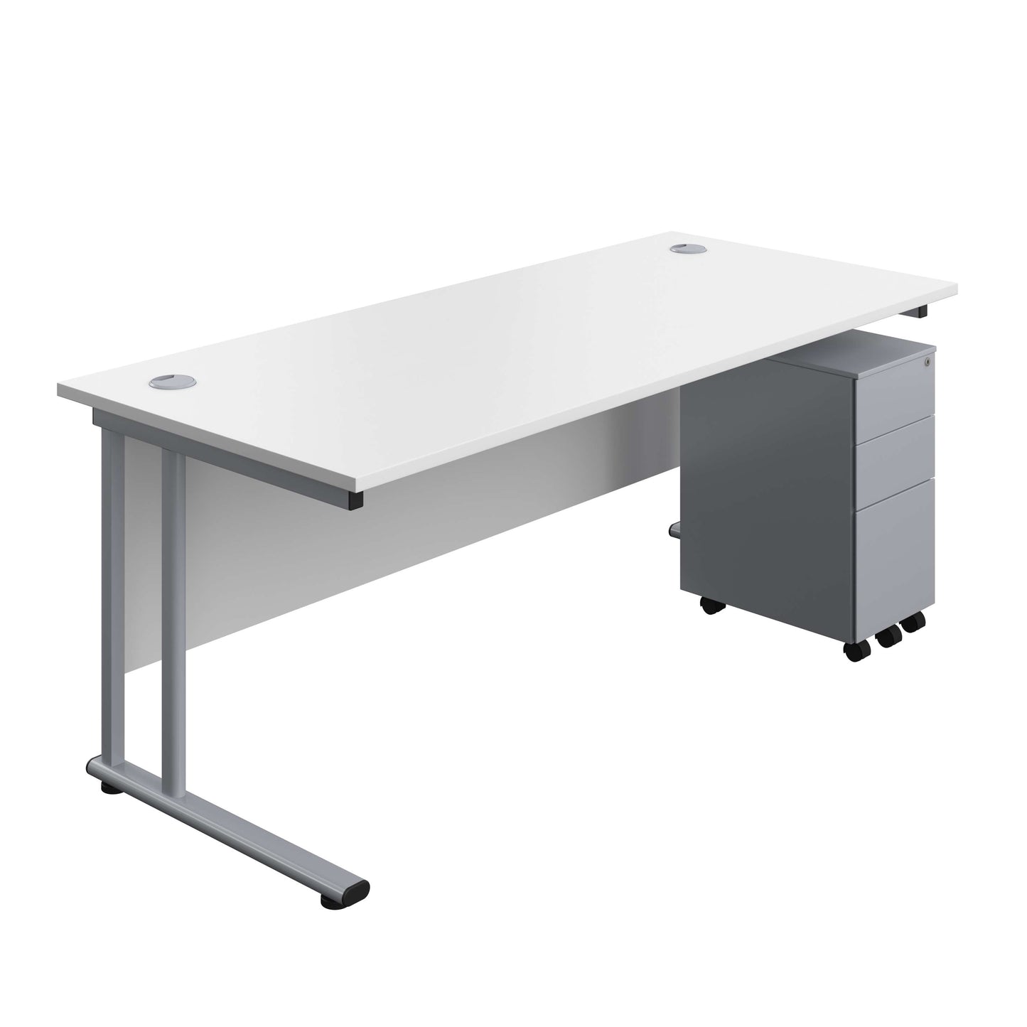 Twin Upright Rectangular Desk + Slimline Steel Pedestal 3 Drawers (FSC) | 1800X800 | White/Silver